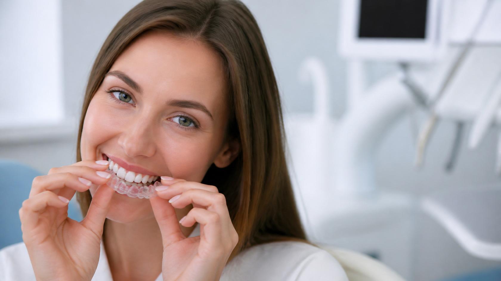 Paciente a utilizar alinhadores transparentes para corrigir o alinhamento dos dentes